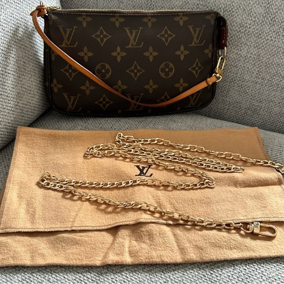 Louis Vuitton Brown Monogram Crossbody Bag with Gold Chain. Pochette Accessories - Picture 13 of 14